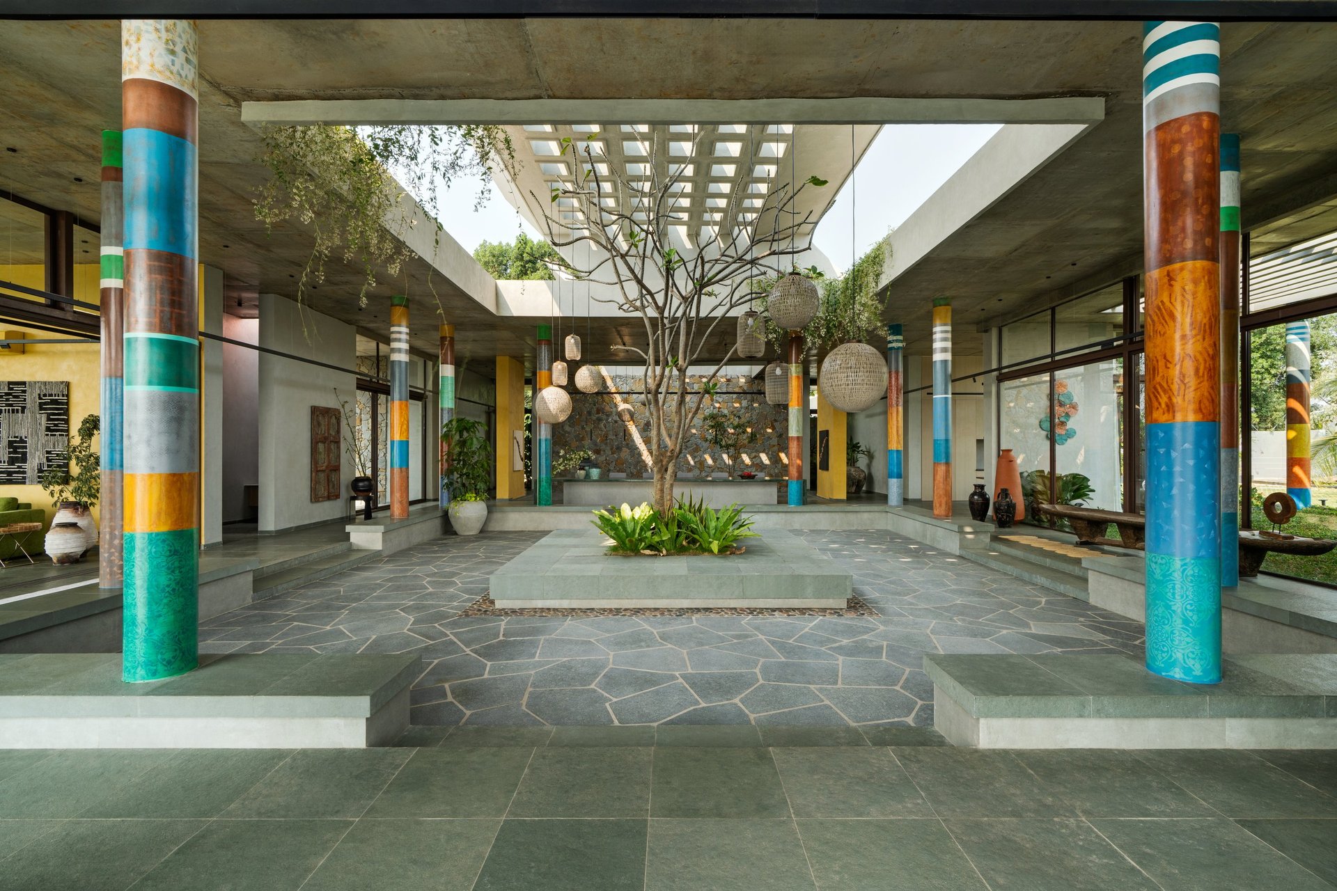 Courtyard stone columns and daytime shadows